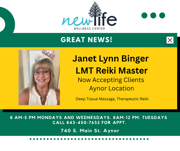 image shows Janet Binger, massage therapist for New Life Wellness in Aynor, SC.  Dr. Alex Rogers of New Life Wellness Center 