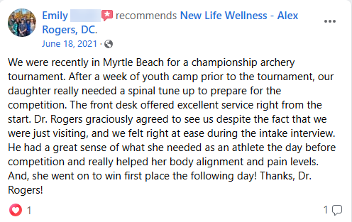 image shows facebook testimonial from patient of New Life Wellness in Myrtle Beach, SC