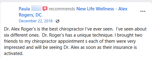 image shows facebook testimonial from patient of New Life Wellness in Myrtle Beach, SC